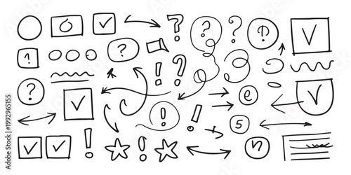 Hand drawn doodle elements set collection of arrows check marks question marks exclamation points stars circles and squares.