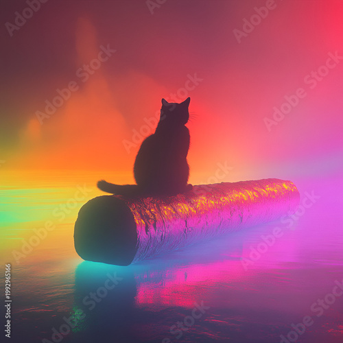 Vibrant cat silhouette on log colorful misty landscape digital art serene environment abstract viewpoint