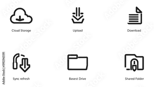 Cloud icons for file storage and sharing: a set of minimalist cloud icons representing different file operations such as storage, upload, download, sync, and sharing in digital media.