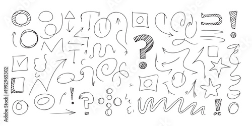 Set of hand drawn doodle elements containing arrows check marks question marks exclamation points stars circles and squares.