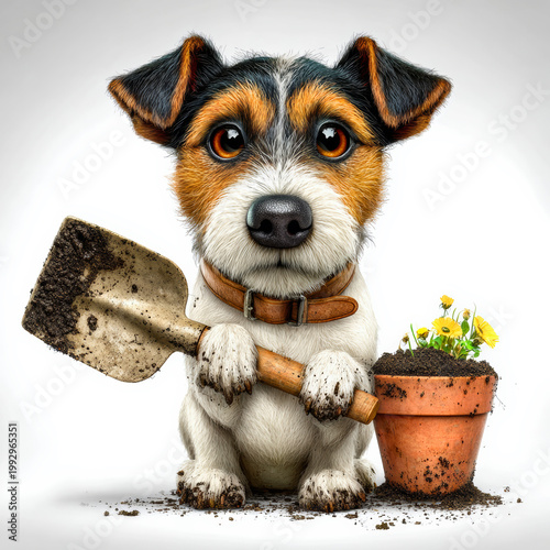 Cute Dog Gardener Holding Shovel – Playful Spring Mascot