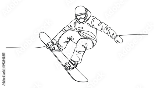 Dynamic continuous line drawing of a snowboarder in midair suitable for winter sports advertisements and athletic graphic projects