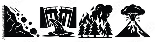 Icons of natural and manmade disasters landslide, dam break, wildfire, and volcano for safety warnings