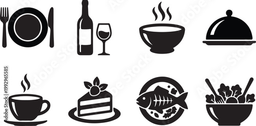 Black and white restaurant food icons set including dishware and cuisine symbols isolated on white background