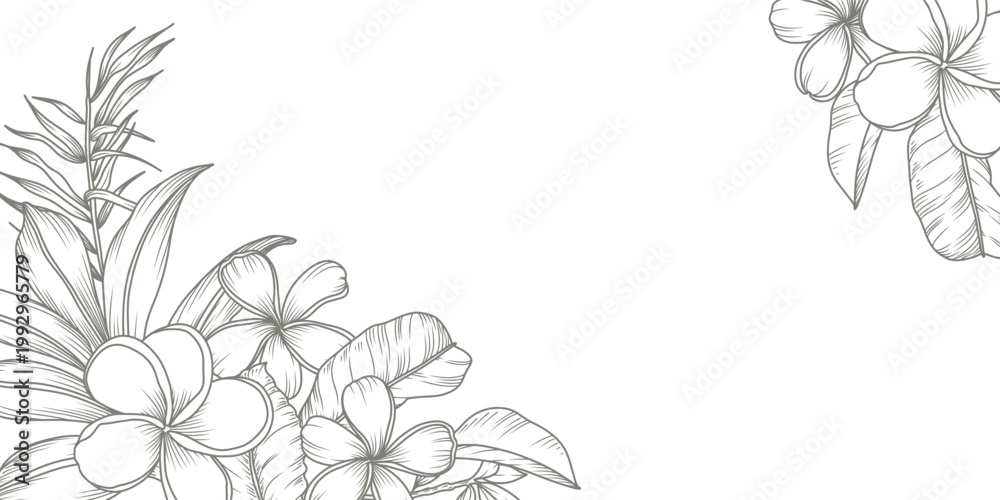 Obraz premium Tropical floral background with tropical flowers and leaves. Plumeria, palm leaf. Hand drawn frame, border. Vector illustration for design of card, banner, invitation, advertising and packaging
