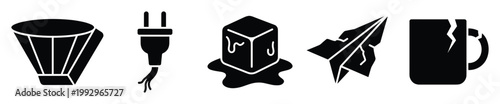 Black glyph icons melting ice cube, electrical plug, paper airplane, cracked mug, and drum for web UI