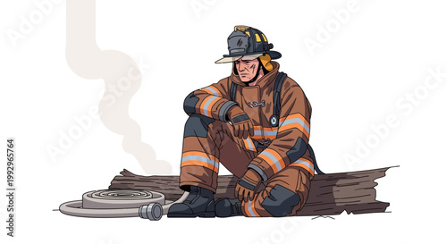 Exhausted firefighter resting with hose after extinguishing fire