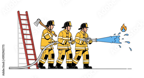 Illustration of Firefighters Extinguishing Fire with Hose and Ladder