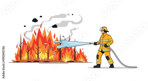 Firefighter battling forest blaze with hose in vector illustration