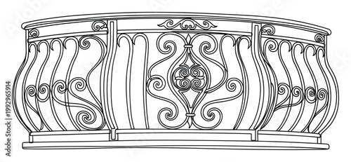 Classical curved wrought iron balcony railing featuring elegant scrollwork and robust design suitable for luxury residential facades.