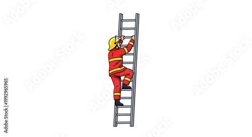 Firefighter in uniform climbing a ladder on white background
