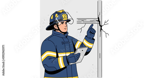 Firefighter inspecting cracked wall with digital tablet in hand