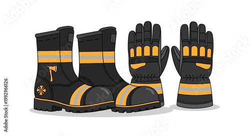 Illustration of firefighter boots and gloves with yellow stripes