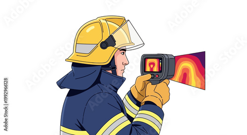 Firefighter using thermal imaging camera in safety gear