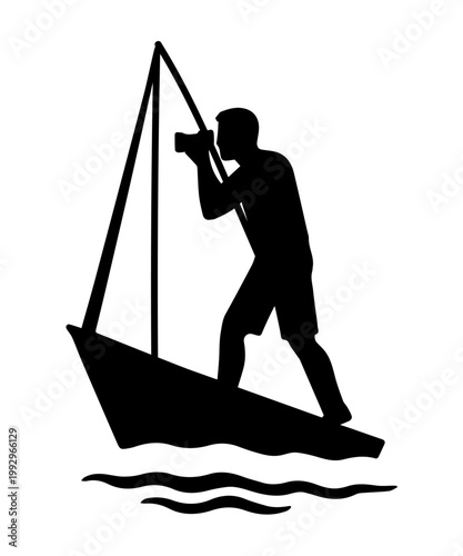 Man windsurfing on a sailboat silhouette in water
