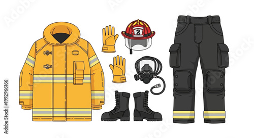 Firefighter equipment set with jacket, helmet, gloves, and boots illustration