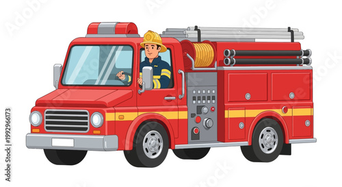 Cartoon firefighter driving a red fire truck illustration