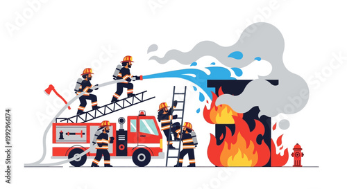 Firefighters extinguishing blaze with hoses and ladder in action scene