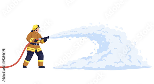 Firefighter spraying water with hose in emergency response action