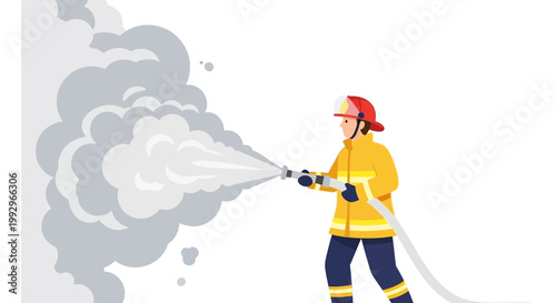 Firefighter in action spraying water on smoke with hose