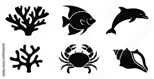 Collection of diverse ocean life silhouettes including coral, fish, dolphin, crab, and seashell for aquatic themed projects