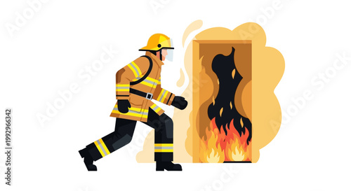Firefighter in uniform approaching burning wooden structure illustration