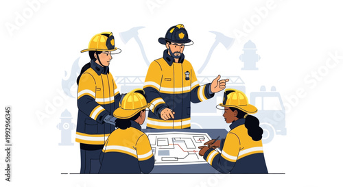 Team of firefighters discussing emergency plan with map illustration