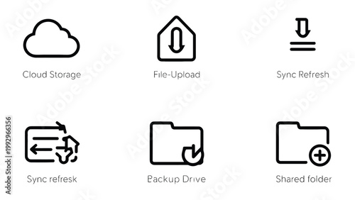 Cloud storage icons: Minimalist icons depicting cloud storage, file upload, sync refresh, and backup drive options, ideal for design templates, representing digital connectivity and data management.