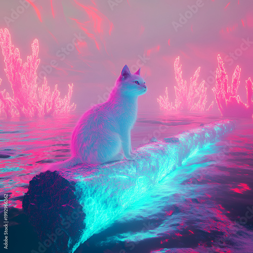 Magical cat adventure futuristic landscape digital artwork neon environment surreal viewpoint fantasy concept