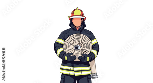 Illustration of firefighter holding hose in uniform on white background