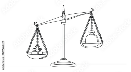 Continuous single line drawing of a classic balance scale showing unequal weight distribution for various symbolic applications