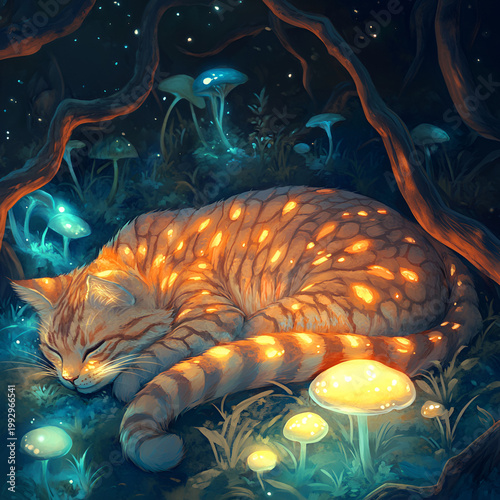 Sleeping cat surrounded by glowing mushrooms enchanted forest digital art mystical atmosphere close-up fantasy concept