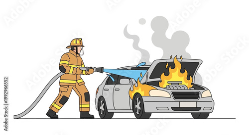 Firefighter extinguishing car fire with hose in vector illustration