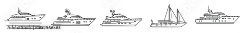 Sleek line art motor yacht and sailboat outlines for maritime transportation and luxury travel branding projects
