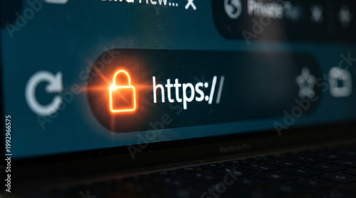 Secure Web Connection: Close-up of a web browser address bar displaying https:// and a padlock symbol, signifying a secure, encrypted connection and data privacy online.