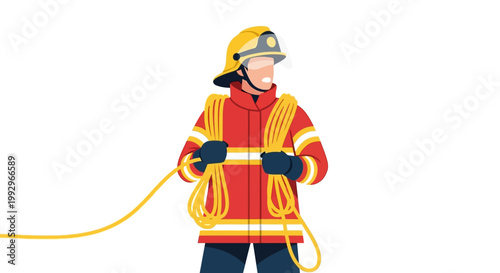 Firefighter in uniform holding rescue rope on white background