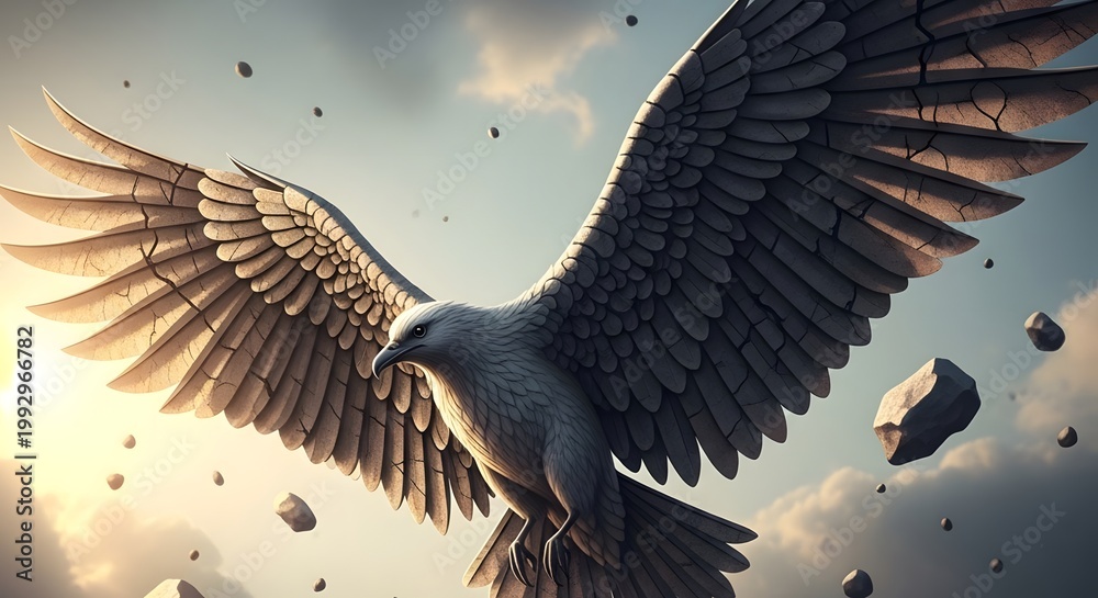 Obraz premium A mythical stone eagle with detailed cracked wings soars through a surreal sky filled with floating rocks and bright sunlight.