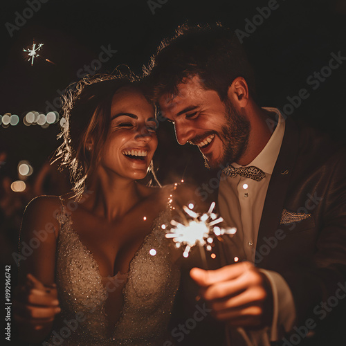 Celebratory couple sparklers nighttime outdoor event romantic atmosphere intimate gathering joyful connection