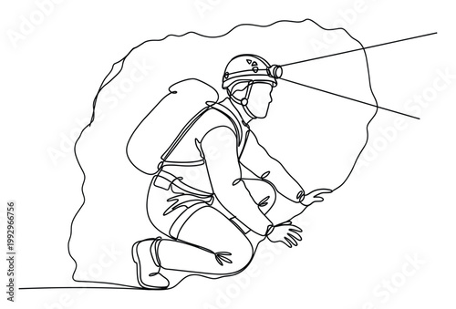 Explorer with helmet and headlamp navigating deep cave, representing discovery and challenging underground adventures