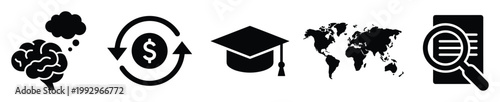 Thinking finance education global map research icons for strategic business planning and academic growth.