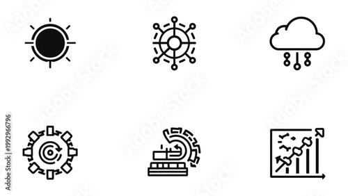 Digital Transformation Icons: A set of six meticulously crafted digital icons, illustrating various aspects of technological advancement, data visualization.