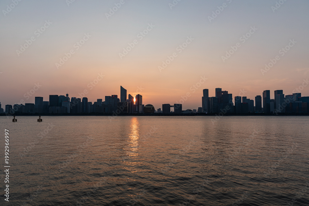 Obraz premium Sunset skyline of Qianjiang New Town, Hangzhou, China