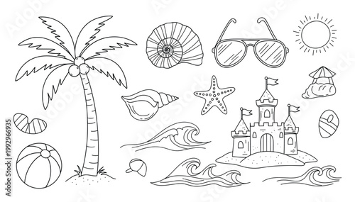 Summer beach vacation outline drawings set for childrens coloring pages and holiday activity books