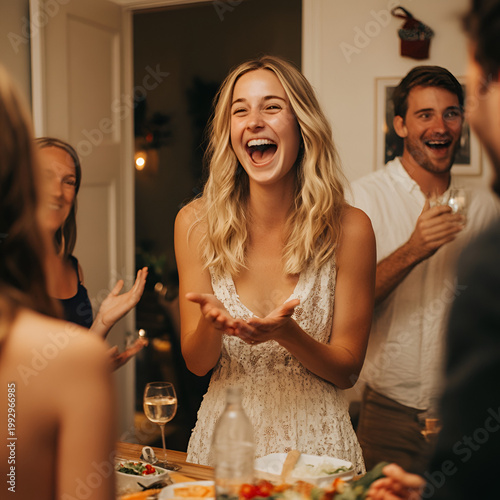 Joyful gathering of friends celebrating with drinks at a cozy home captured in a warm and inviting atmosphere