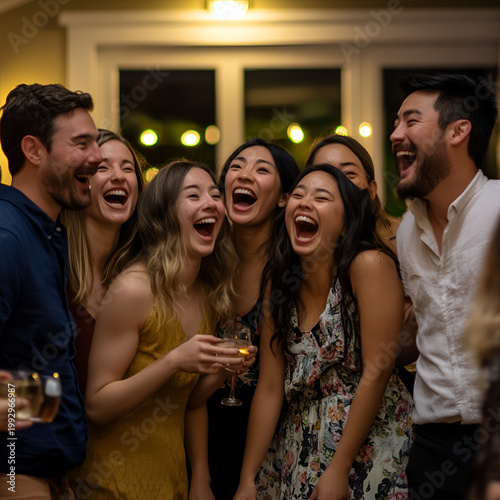 Celebration event with friends cozy home social gathering warm atmosphere joyful expressions