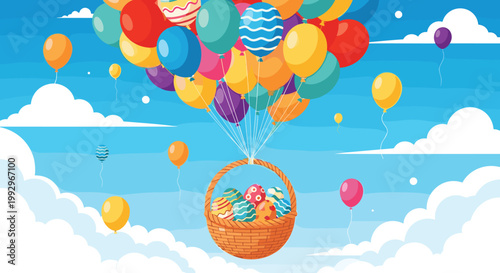 Colorful hot air balloons lifting a wicker basket filled with decorated easter eggs across a blue sky with white clouds.