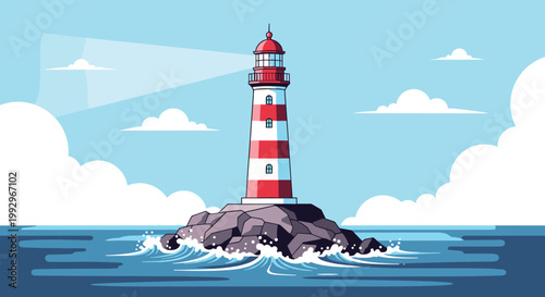 Red and white striped lighthouse standing on a rocky island in the ocean with waves crashing against its base under a cloudy sky.