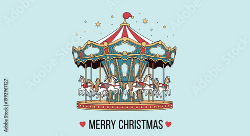 Elegant vintage carousel with white horses and a red and white canopy featuring merry christmas text on a light blue background.