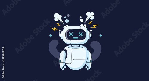 White robot with crossed out eyes and smoke coming from its head experiencing a technical failure or system breakdown.