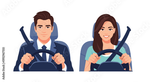 Portraits of a professional man in a suit and a young woman in casual wear both driving cars with their hands on the steering wheel.